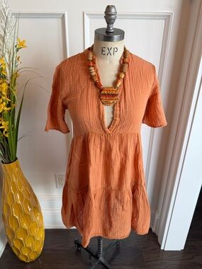 By Anthropologie Women's Orange Textured Gauze V-Neck Dress, Sz XXS